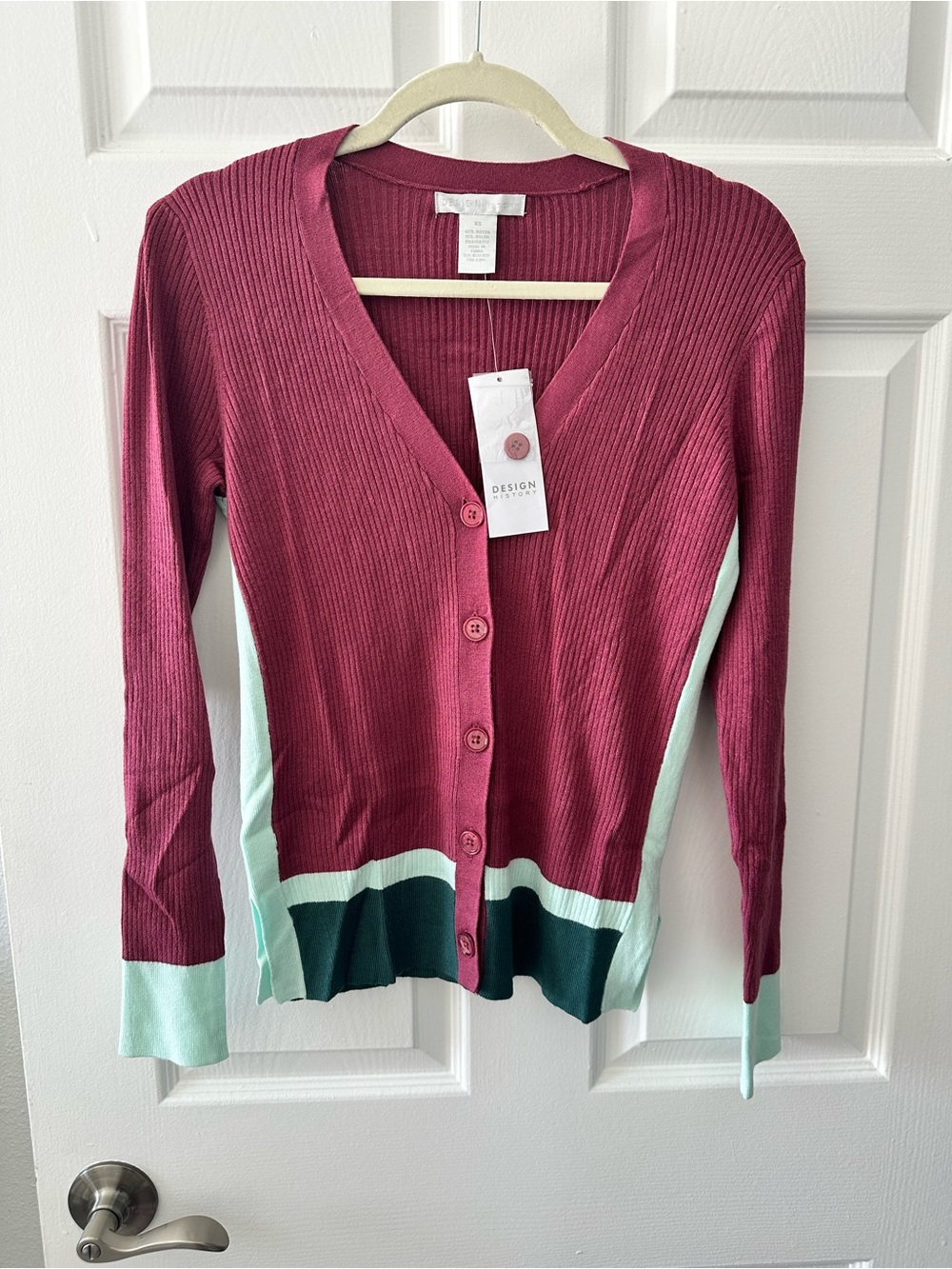 Design History Berry & Mint Colorblock Ribbed Cardigan Size XS